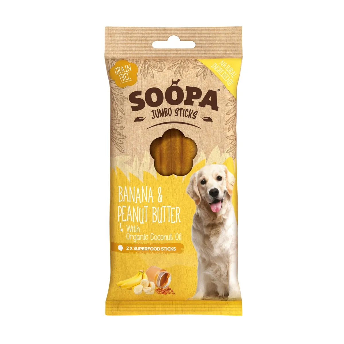 Soopa banana and peanut butter jumbo dental sticks dog treats box