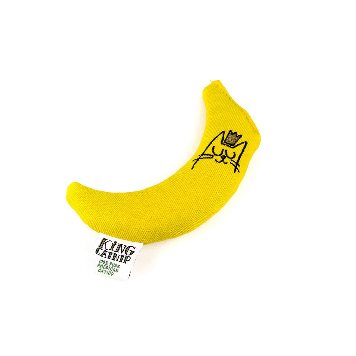 Yellow fabric banana-shaped catnip cat toy with crowned cat embroidery, King Catnip