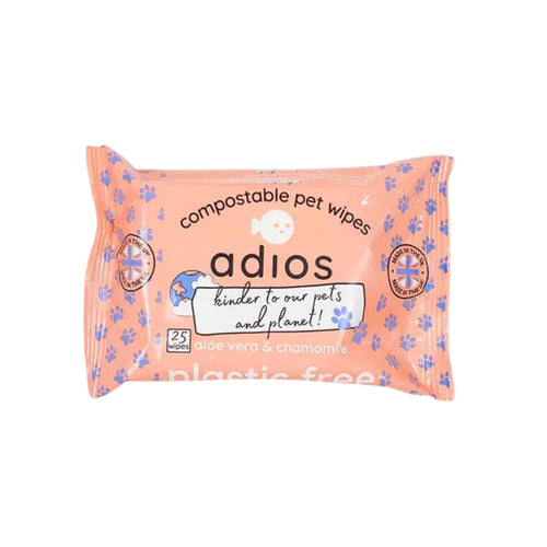 Peach pack of Adios compostable pet wipes with paw print pattern, aloe vera and chamomile