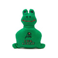 Green fabric frog-shaped catnip cat toy with crowned cat logo, King Catnip