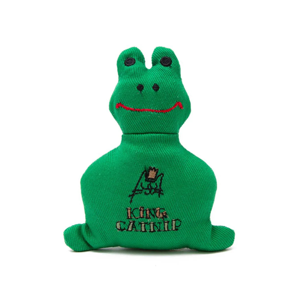 Green fabric frog-shaped catnip cat toy with crowned cat logo, King Catnip