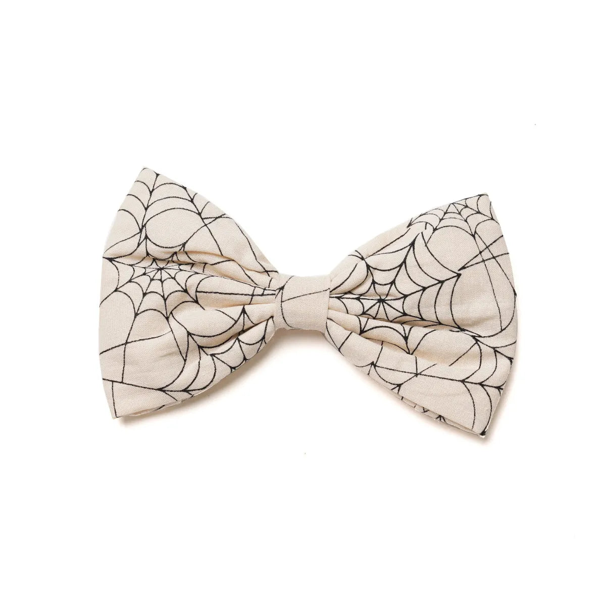 Cream fabric dog bow tie with black spiderweb print pattern, Halloween