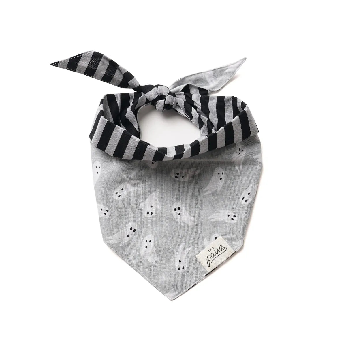 Grey dog bandana with white ghost print pattern and striped tie
