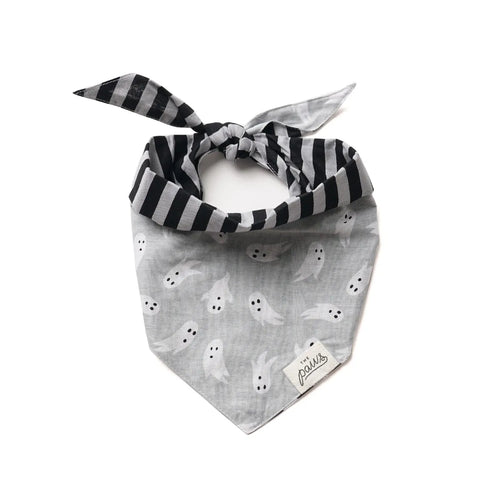 Grey dog bandana with white ghost print pattern and striped tie