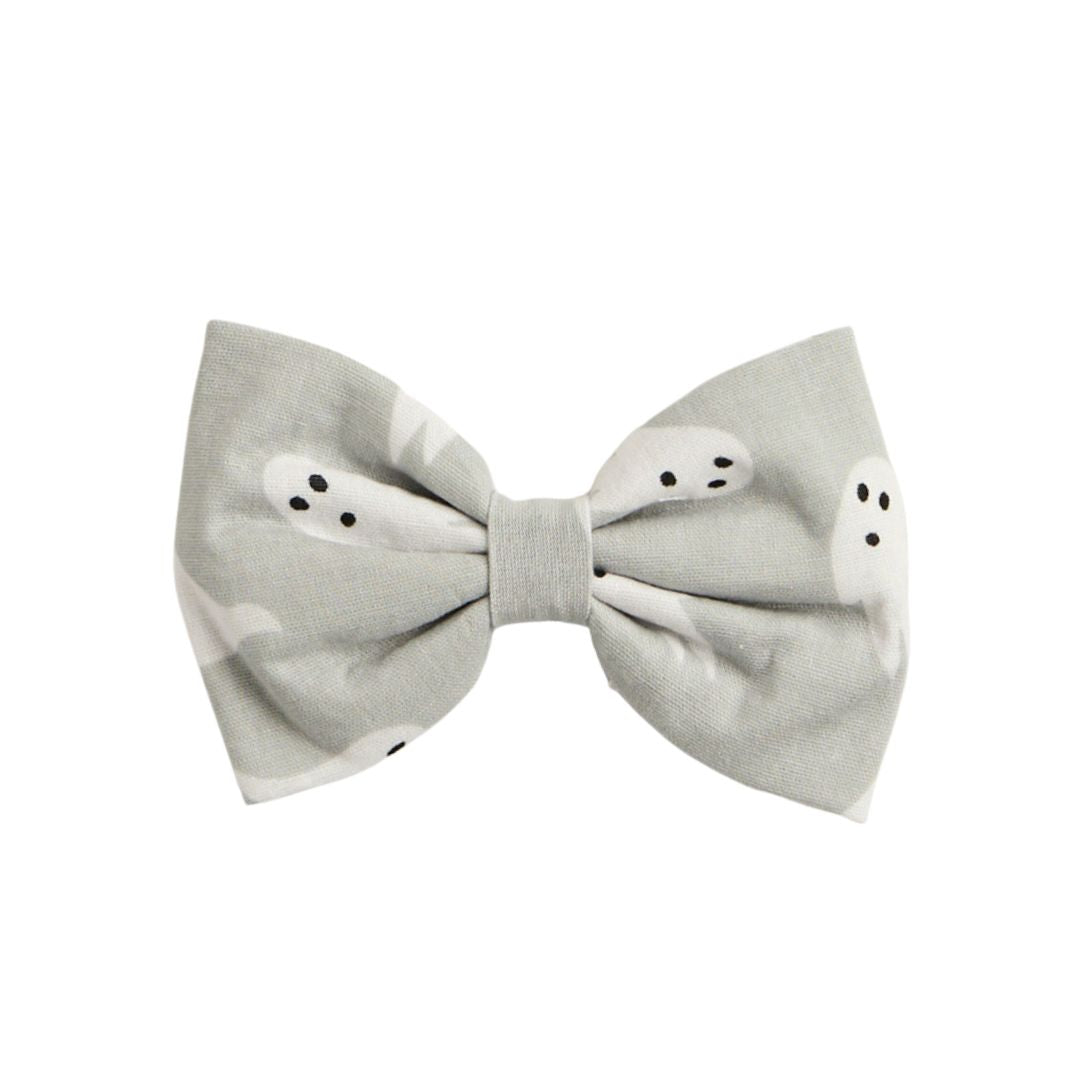 Grey fabric dog bow tie with white ghost print pattern, Halloween