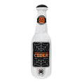Plush white bottle-shaped Halloween dog toy with spiderweb label, FuzzYard Creepy Critter Cider