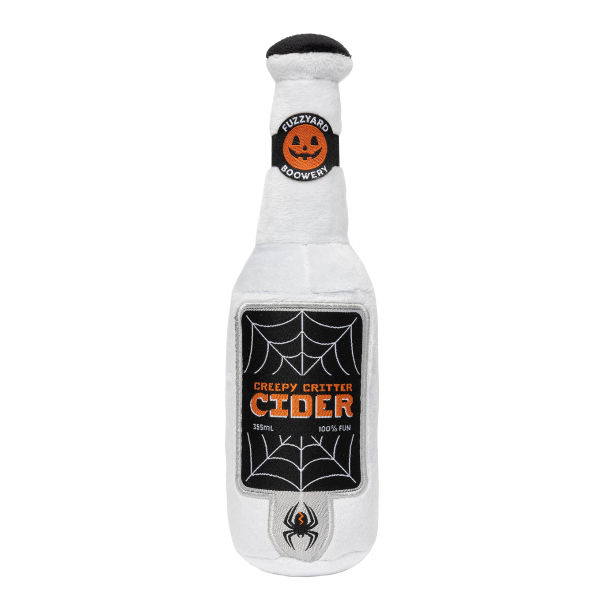 Plush white bottle-shaped Halloween dog toy with spiderweb label, FuzzYard Creepy Critter Cider
