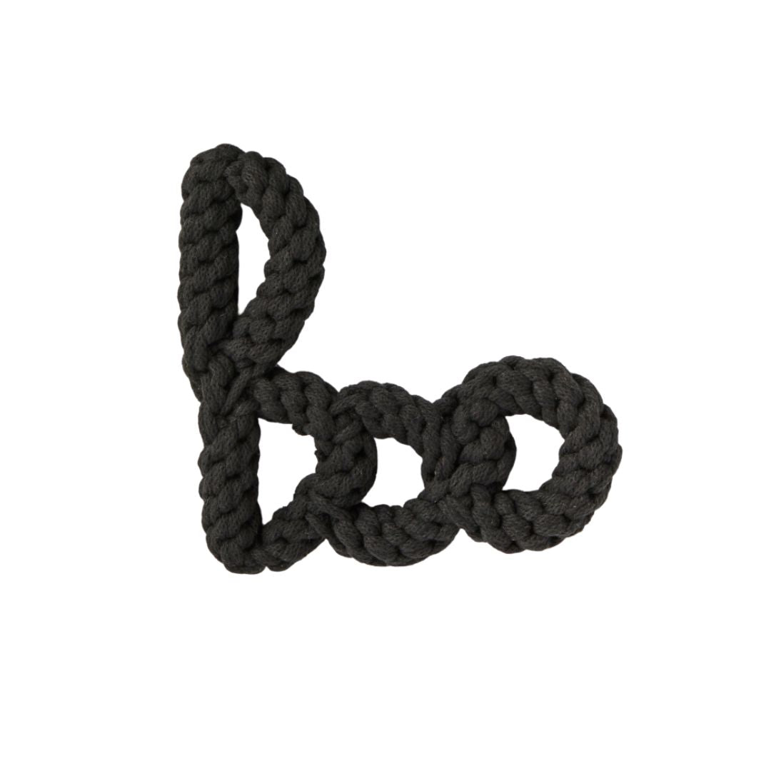 Black cotton rope dog toy shaped like the word 'boo', Halloween