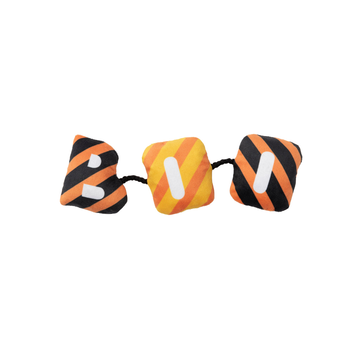 Striped orange, yellow and black plush 'boo' catnip cat toy on string, FuzzYard