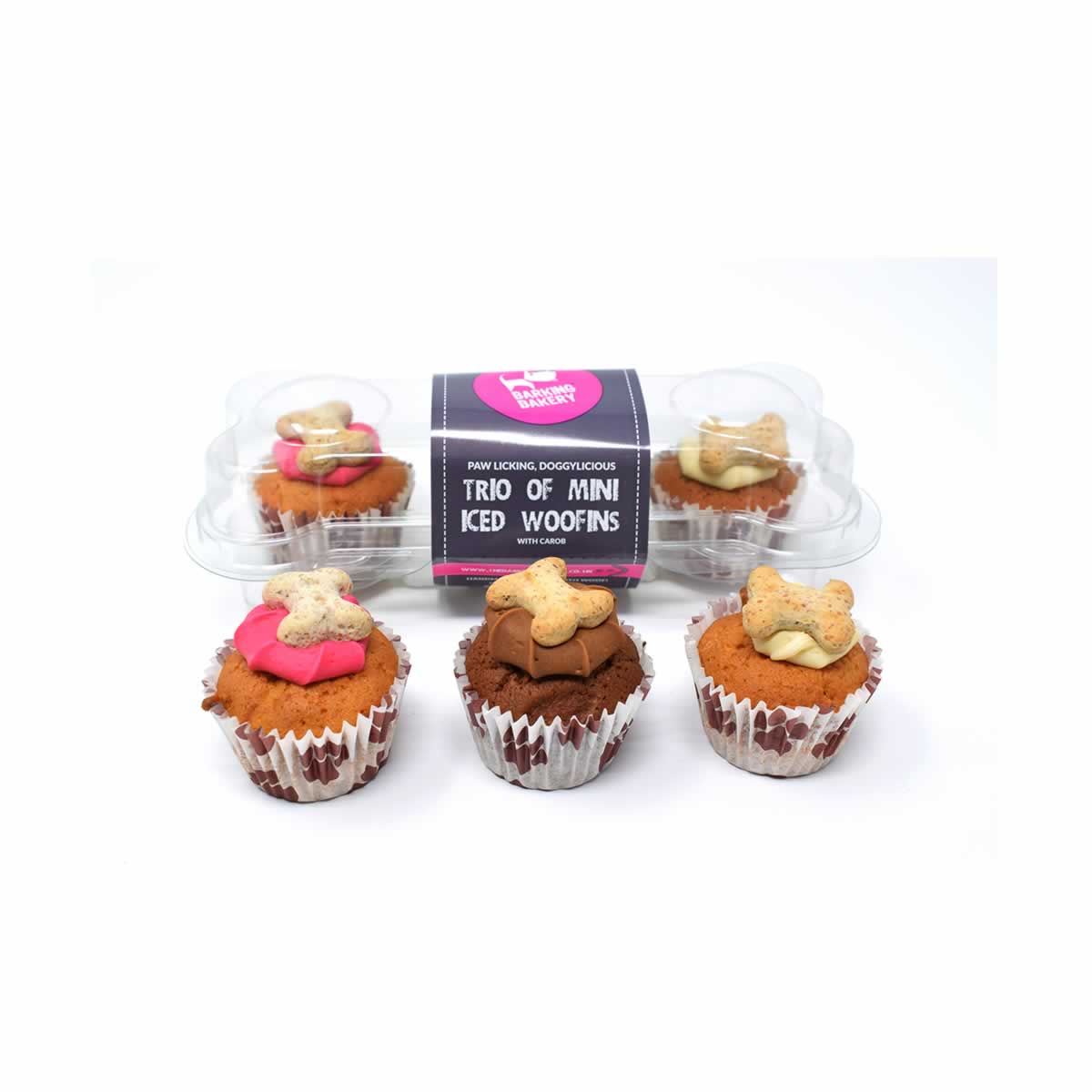 Trio of mini iced dog cupcakes with bone treat toppers in packaging, Barking Bakery Woofins