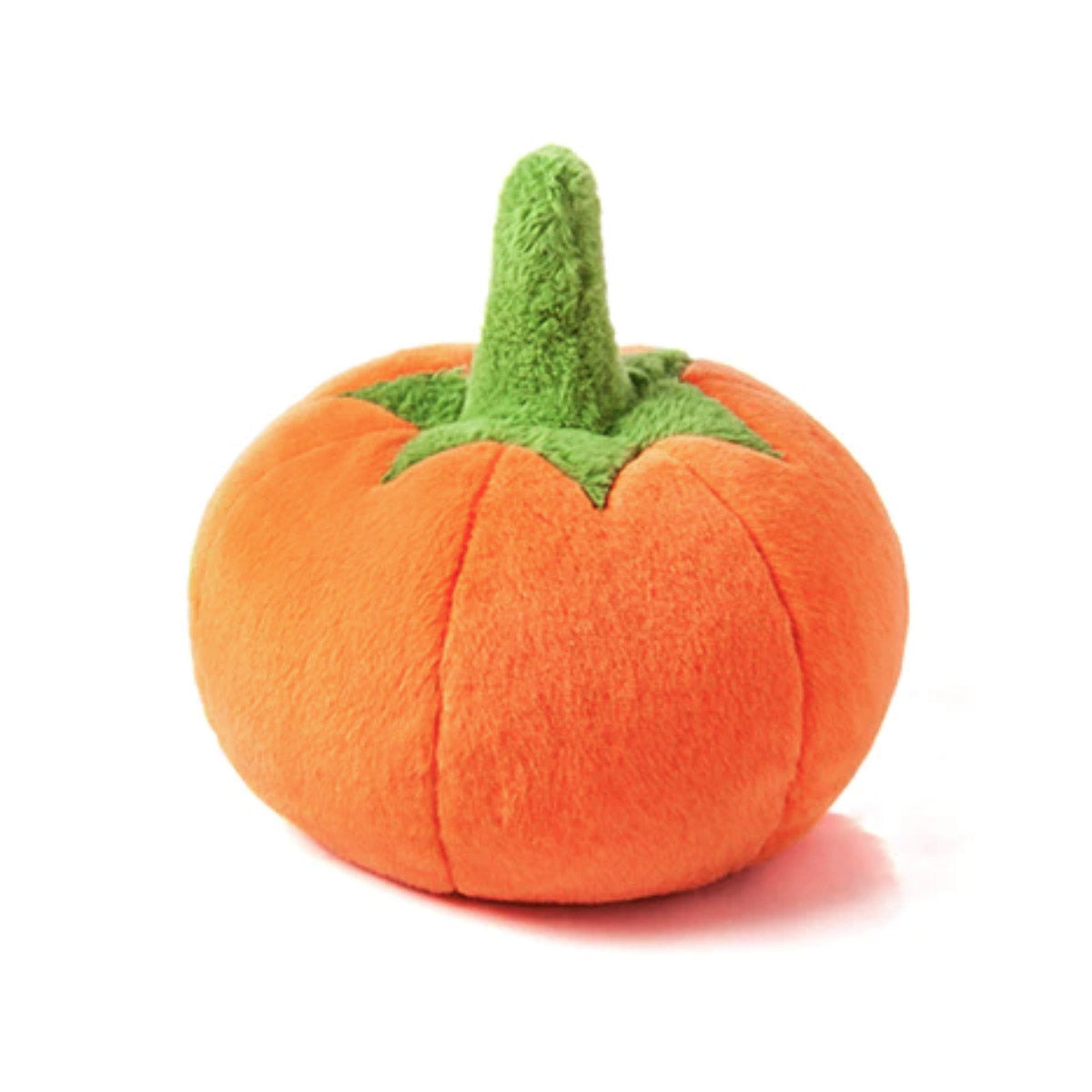 Plush orange pumpkin dog toy with green stem, P.L.A.Y.