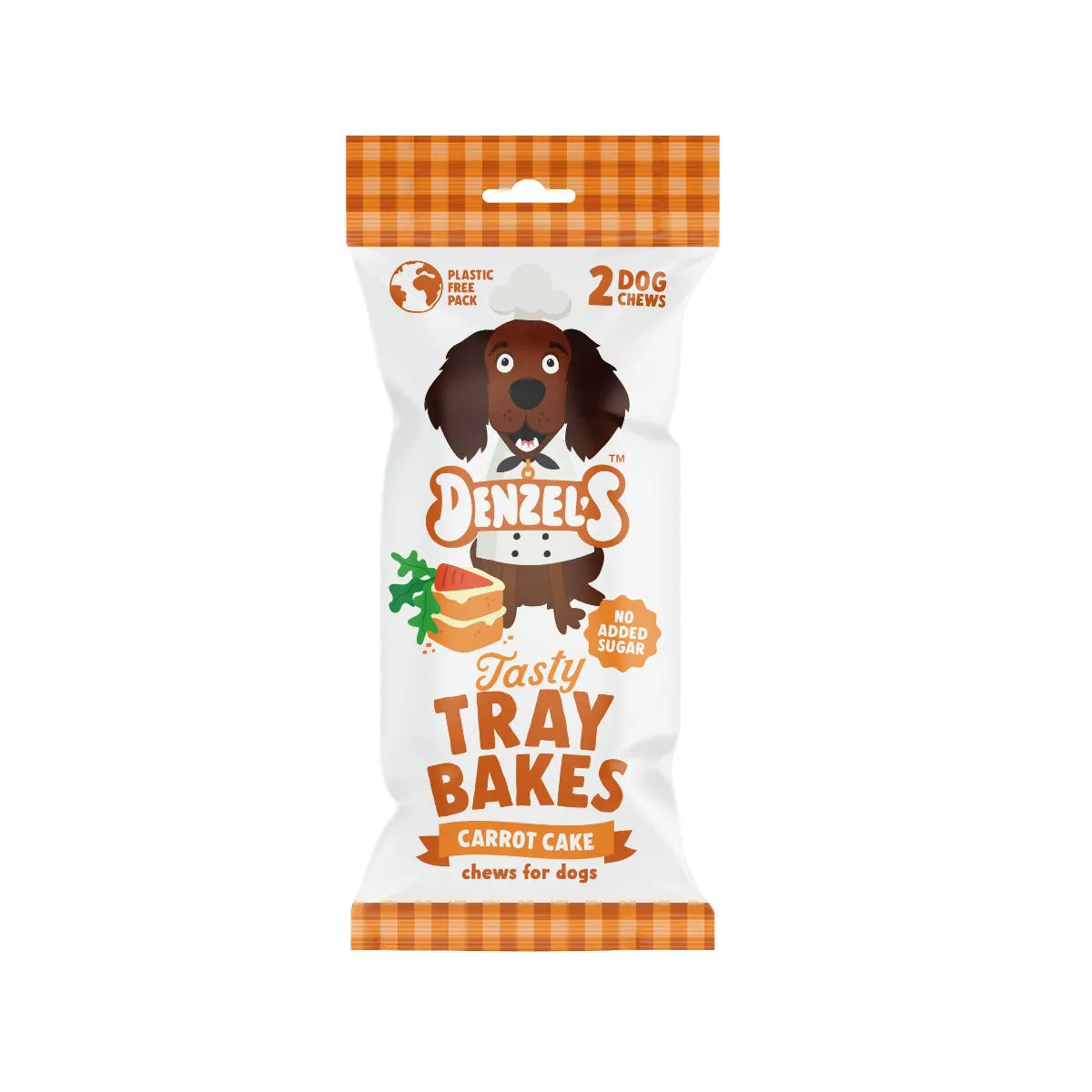 Orange gingham Denzel's carrot cake tray bake dog chews pack, 2 chews
