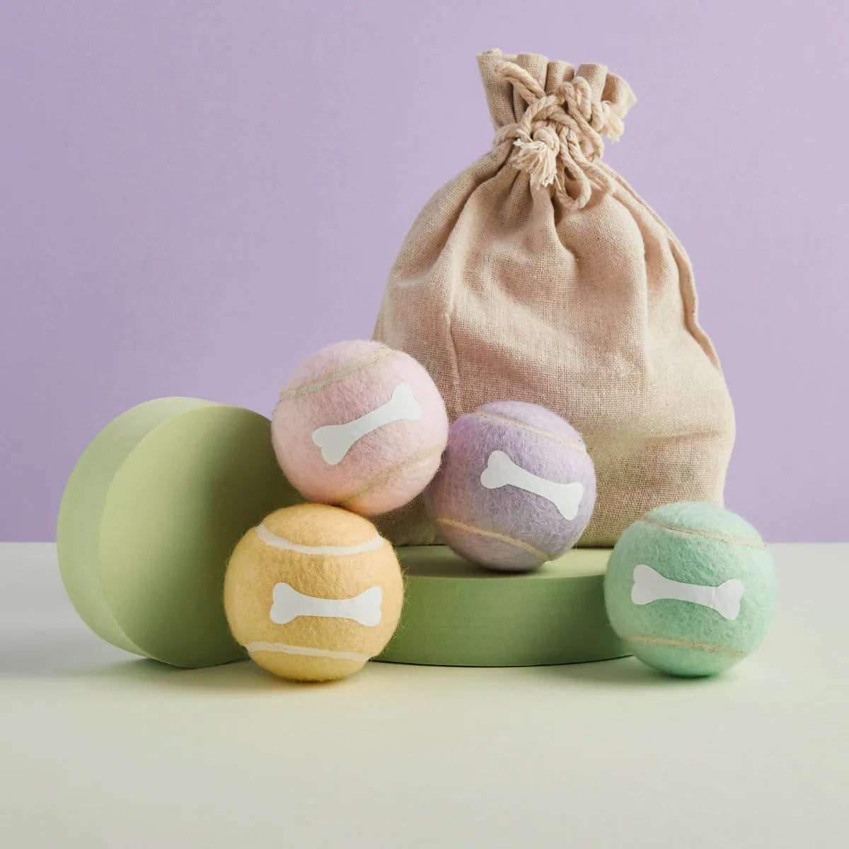 Four pastel colour tennis balls with bone design and linen bag, Pet Hamper