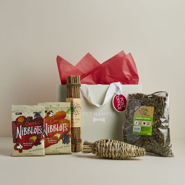 Post Office Rabbit Hamper with VetIQ Nibblots treats, willow sticks, dandelion leaf mix, grassy carrot toy and gift bag