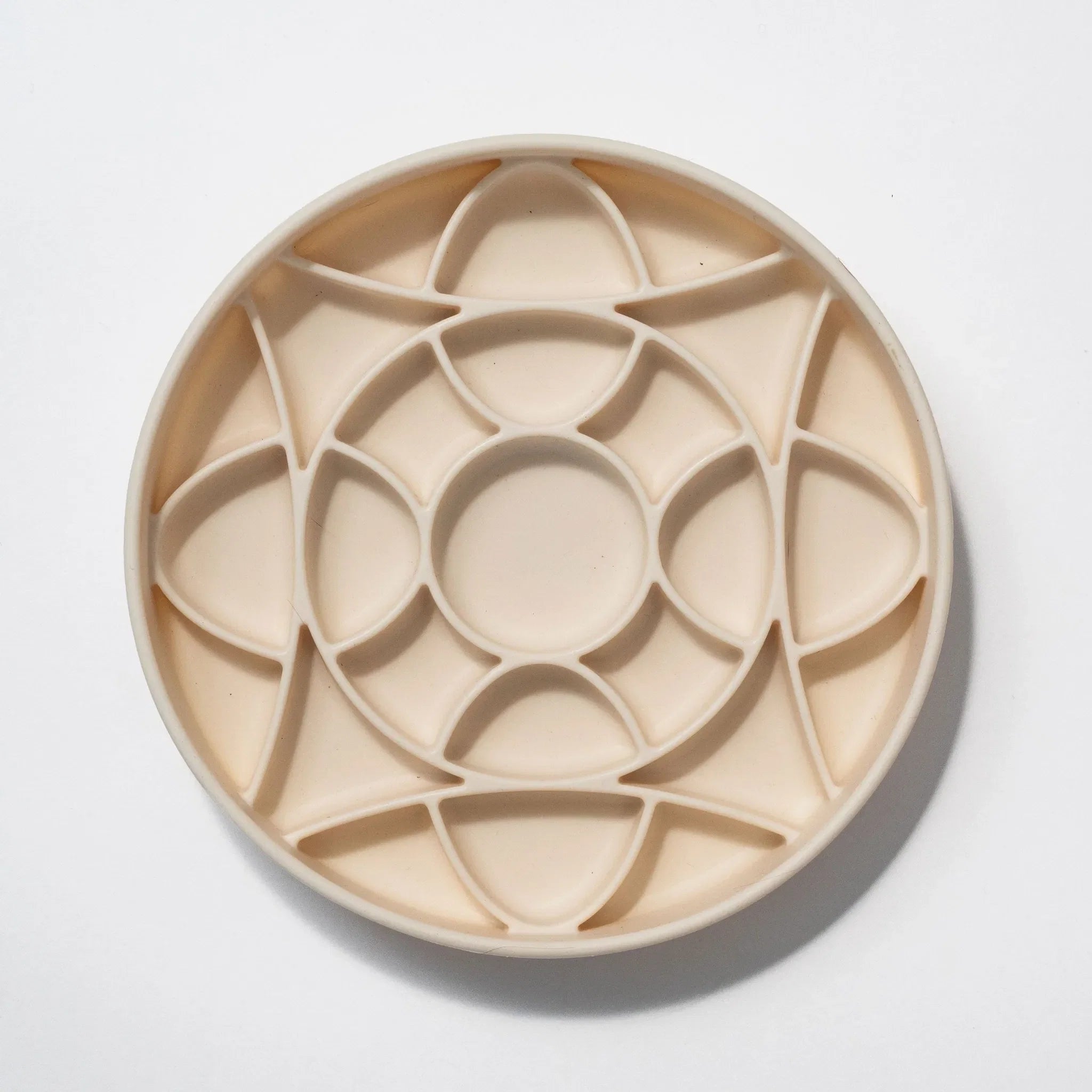 Buttercream cream round slow feeder dog bowl with geometric maze pattern, Dogged Circulo