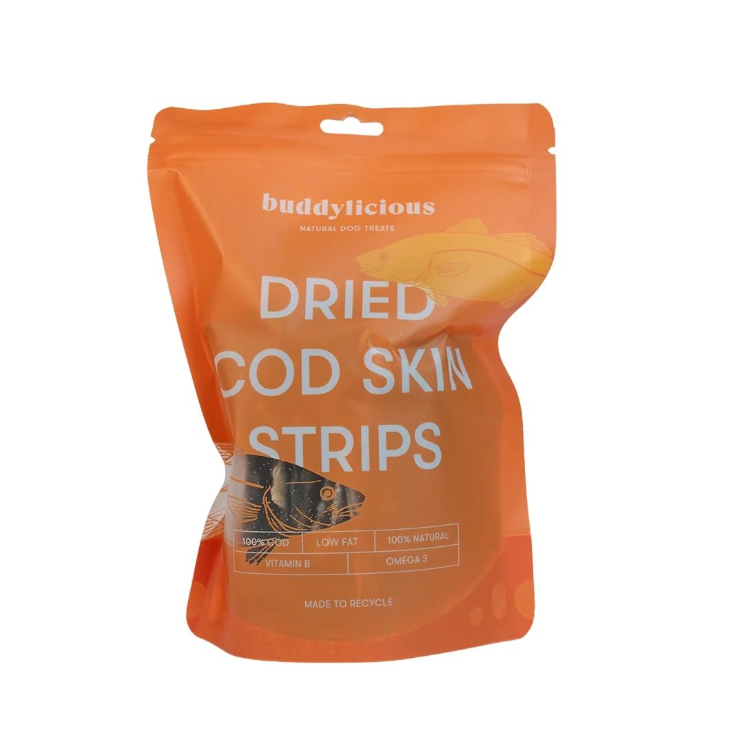 Orange Buddylicious dried cod skin strips natural dog treats pouch