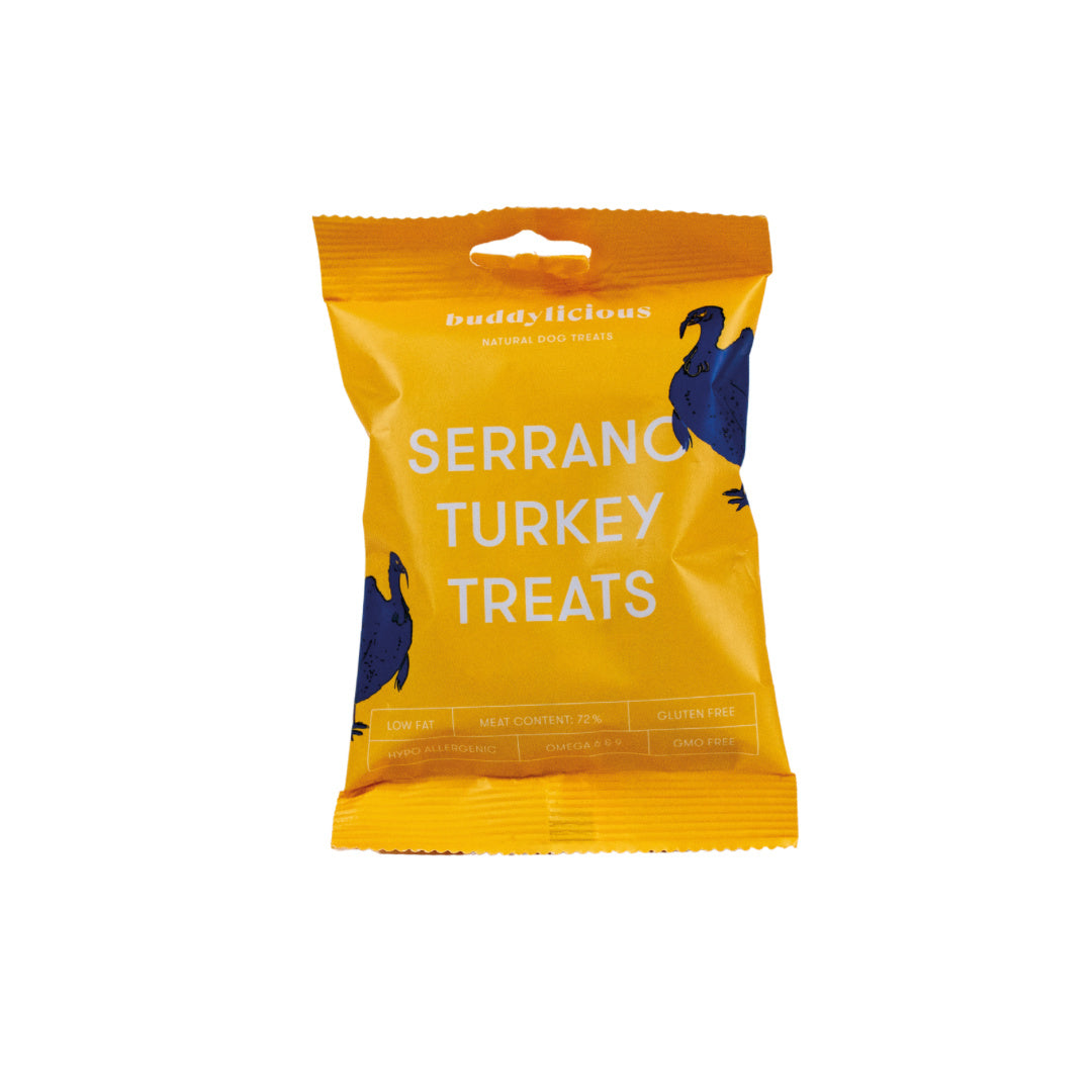 Yellow Buddylicious Serrano Turkey Treats dog treats pouch