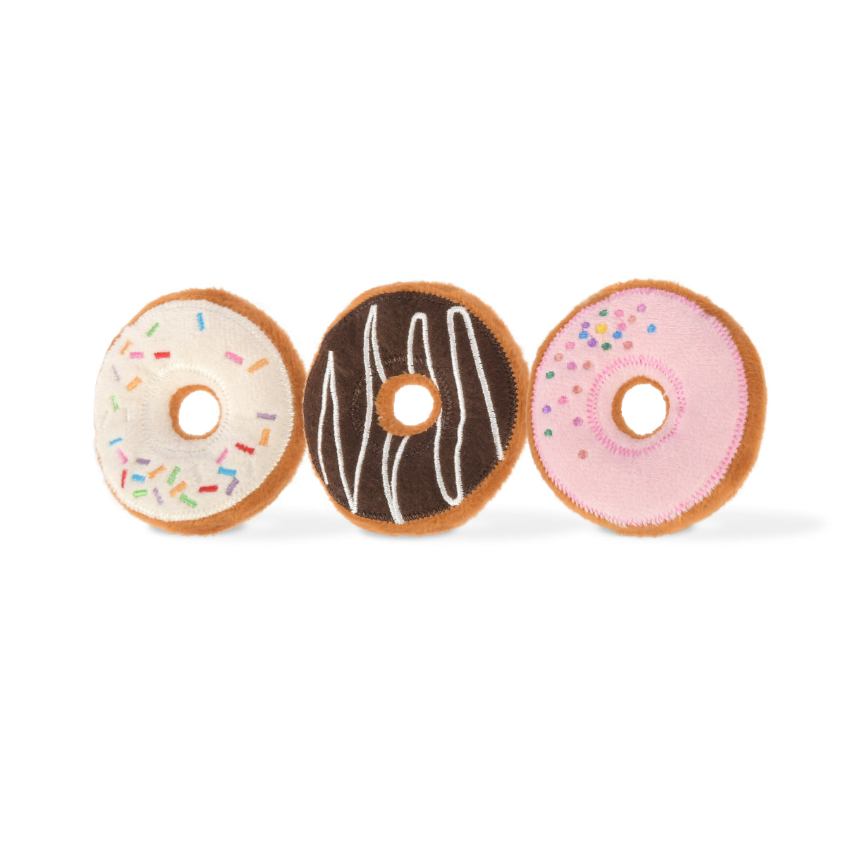 Three plush doughnut cat toys with catnip pouches, vanilla chocolate and pink icing, P.L.A.Y. Kitty Kreme