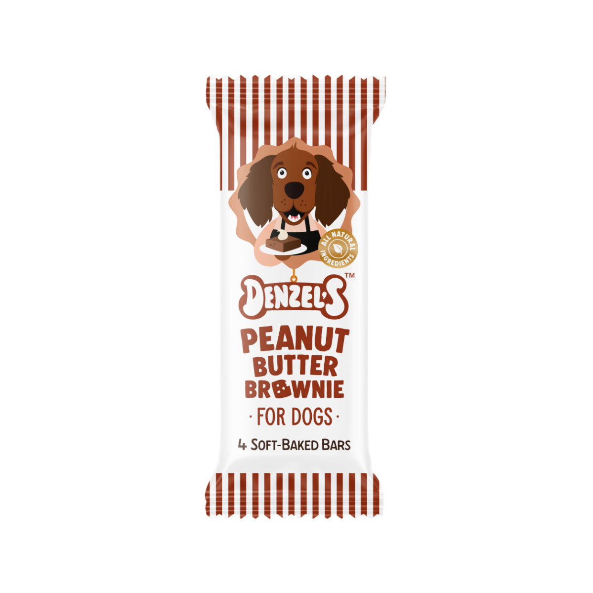 Brown and white Denzel's peanut butter brownie soft-baked dog treat bars pack