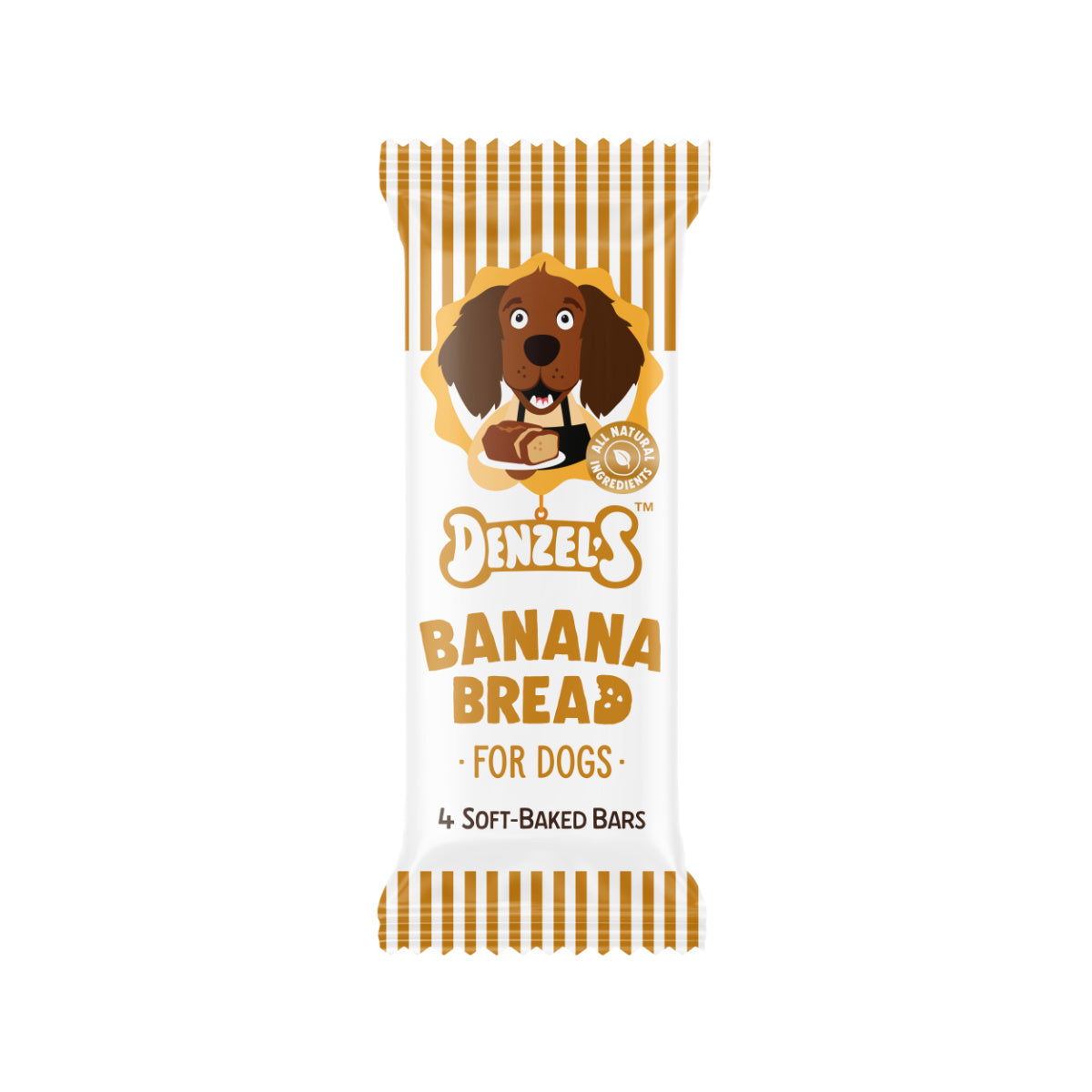 Gold and white Denzel's banana bread soft-baked dog treat bars pack