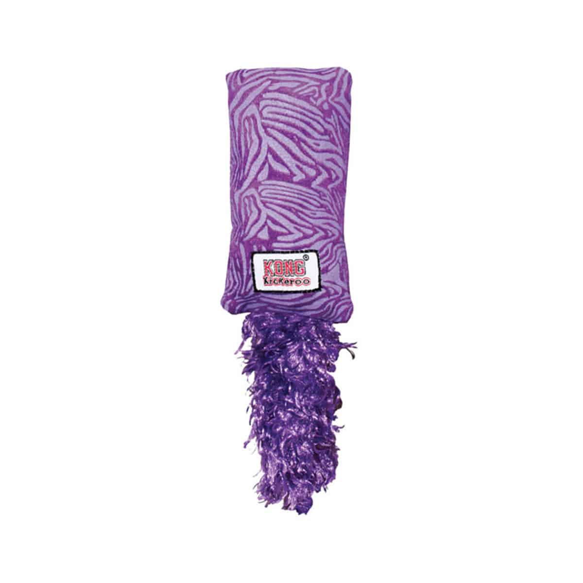 Purple zebra print kick toy with feather tail, KONG Kickeroo Kitten
