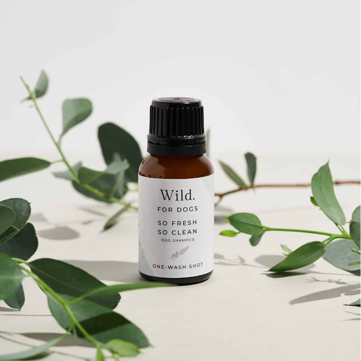 Small amber bottle of Wild For Dogs So Fresh So Clean one-wash organic dog shampoo shot