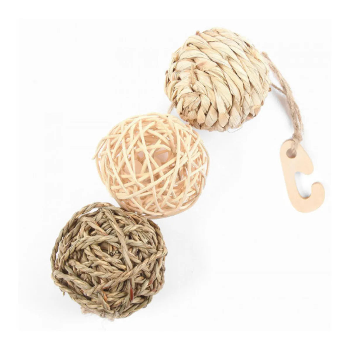 Three natural woven straw balls with hanging hook, Nature First Ball Hanger for small pets
