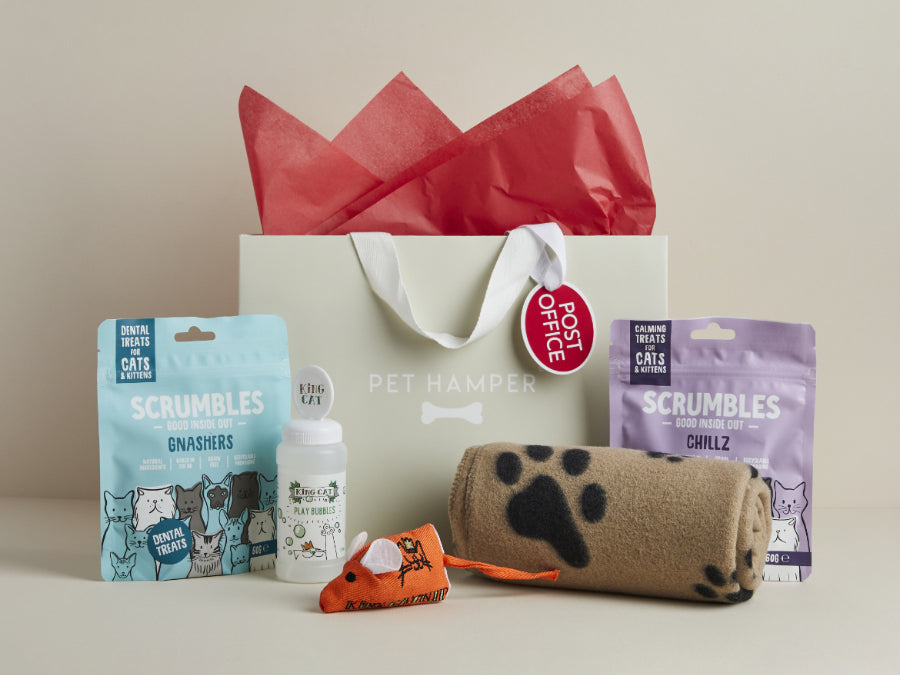 Post Office Cat Hamper with Scrumbles dental and calming treats, catnip bubbles, mouse toy, paw print blanket and gift bag