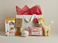 Post Office Dog Hamper with Denzel's treats, peanut butter bone, tennis ball, wipes, plush giraffe toy and gift bag