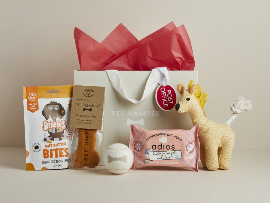 Post Office Dog Hamper with Denzel's treats, peanut butter bone, tennis ball, wipes, plush giraffe toy and gift bag